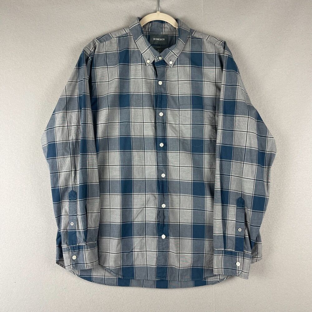 Bonobos Slim Fit Shirt Mens XXL Blue Gray Plaid Long Sleeve Button Down Cotton
